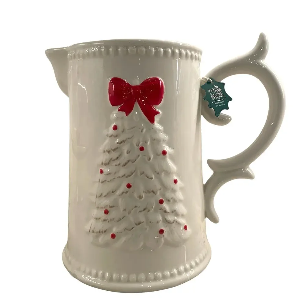 Hand Painted Holiday Ceramic Pitcher Christmas Tree with Bow Topper New
